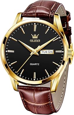 OLEVS Watch for Men Brown Leather Gold Case And Day Date Luminous Waterproof