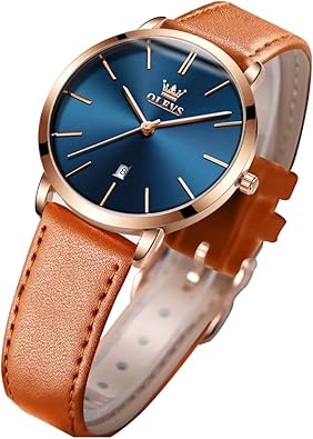 OLEVS Women's Watches for Ladies Female Wrist Watch Leather Band Waterproof Thin Minimalist Casual Simple Dress Quartz Analog with Date Calendar