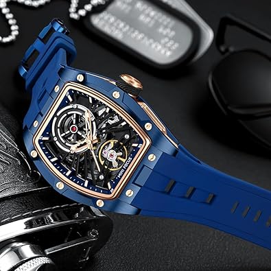 MF MINI FOCUS Unique Men Watches,Automatic Mechanical Watch,Luxury Hollow Tonneau Watches for Men with Stainless Steel Case and Silicon Band (Self-Wind Movement/5ATM Waterproof/Super_Luminous)