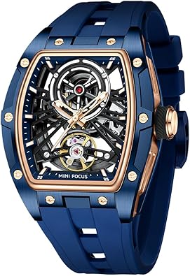 MF MINI FOCUS Unique Men Watches,Automatic Mechanical Watch,Luxury Hollow Tonneau Watches for Men with Stainless Steel Case and Silicon Band (Self-Wind Movement/5ATM Waterproof/Super_Luminous)