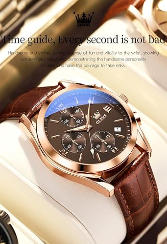 OLEVS Men's Watch Brown Leather with Date,Waterproof