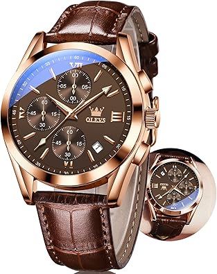 OLEVS Men's Watch Brown Leather with Date,Waterproof
